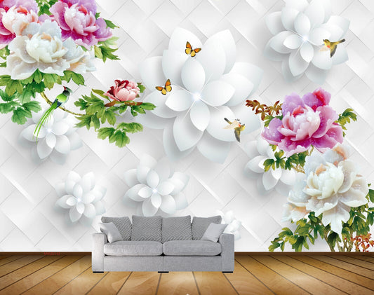 Avikalp MWZ0142 Pink White Flowers Butterflies HD Wallpaper