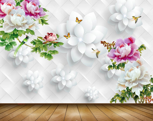 Avikalp MWZ0142 Pink White Flowers Butterflies 3D HD Wallpaper