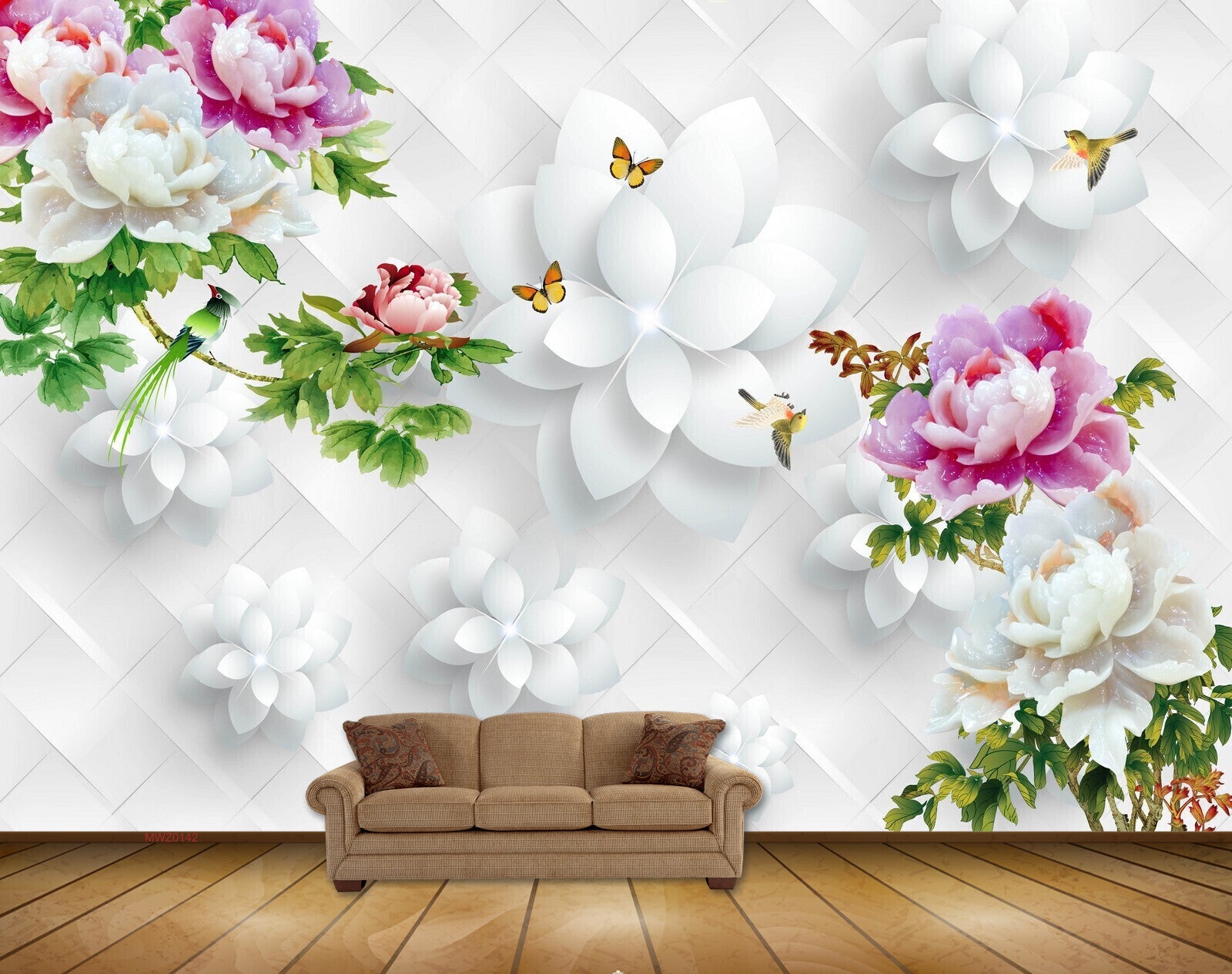 Avikalp MWZ0142 Pink White Flowers Butterflies 3D HD Wallpaper