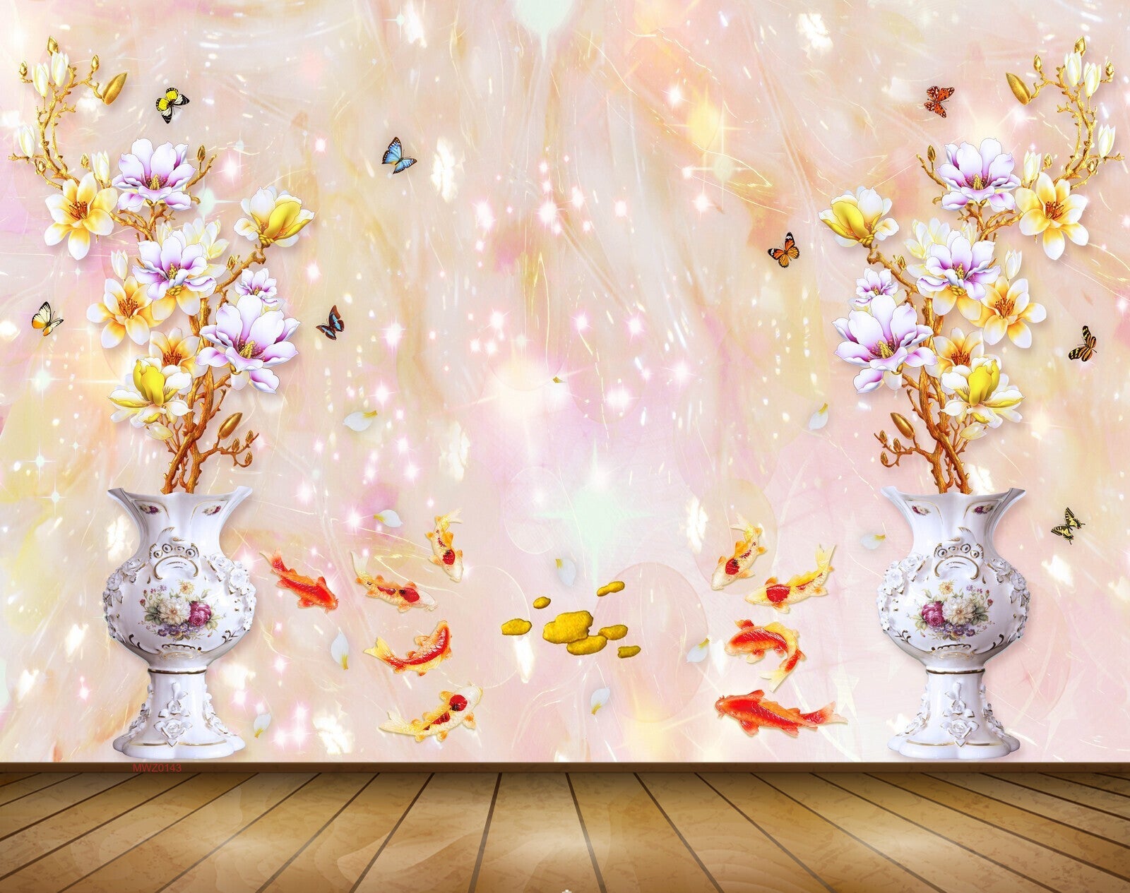 Avikalp MWZ0143 White Pink Flowers Fishes Butterflies 3D HD Wallpaper
