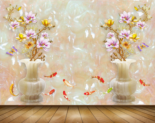 Avikalp MWZ0144 White Pink Flowers Fishes Butterflies 3D HD Wallpaper