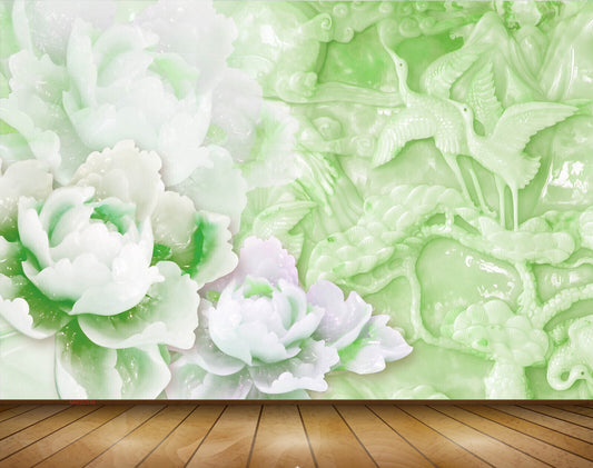 Avikalp MWZ0145 White Green Flowers Swans Plants 3D HD Wallpaper