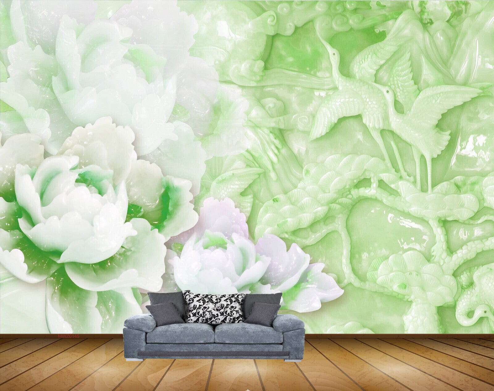 Avikalp MWZ0145 White Green Flowers Swans Plants 3D HD Wallpaper