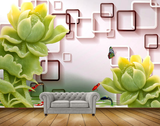 Avikalp MWZ0146 Yellow Green Flowers Butterflies Fishes HD Wallpaper