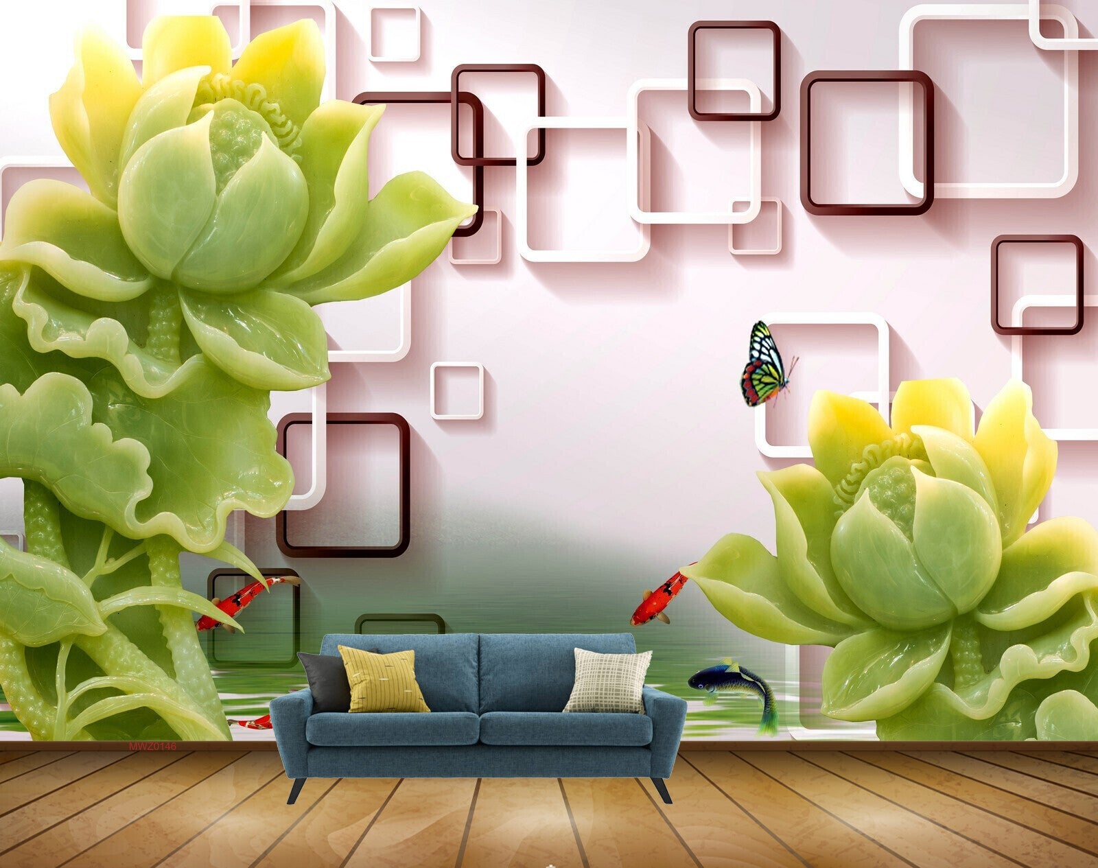 Avikalp MWZ0146 Yellow Green Flowers Butterflies Fishes 3D HD Wallpaper