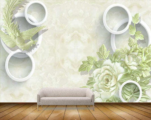 Avikalp MWZ0147 White Green Flowers Birds HD Wallpaper