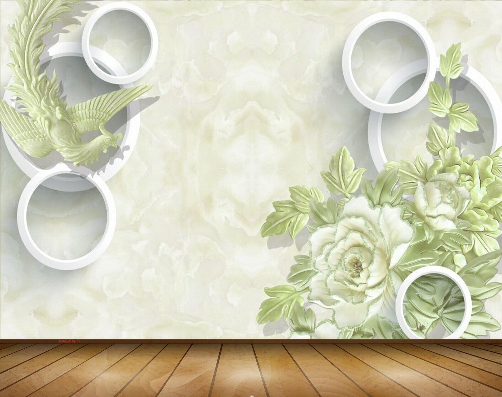 Avikalp MWZ0147 White Green Flowers Birds 3D HD Wallpaper
