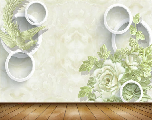 Avikalp MWZ0147 White Green Flowers Birds 3D HD Wallpaper