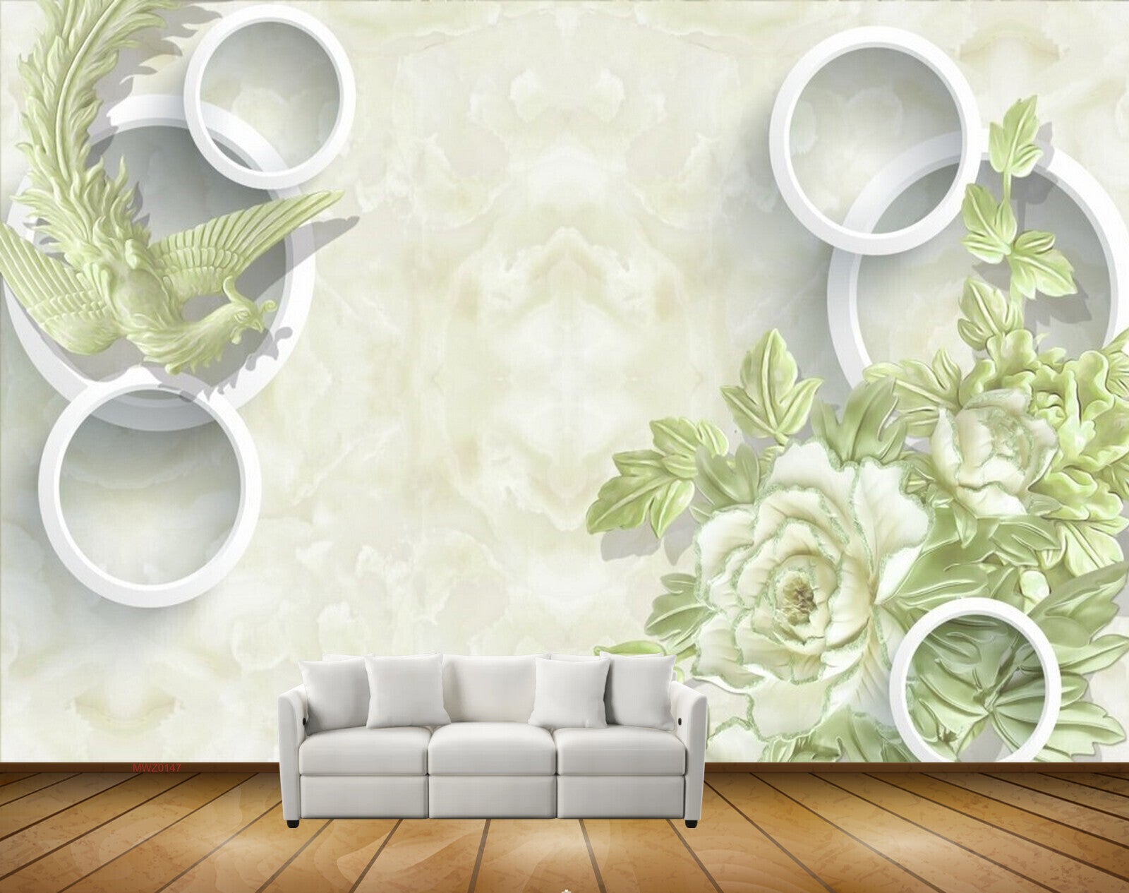 Avikalp MWZ0147 White Green Flowers Birds 3D HD Wallpaper