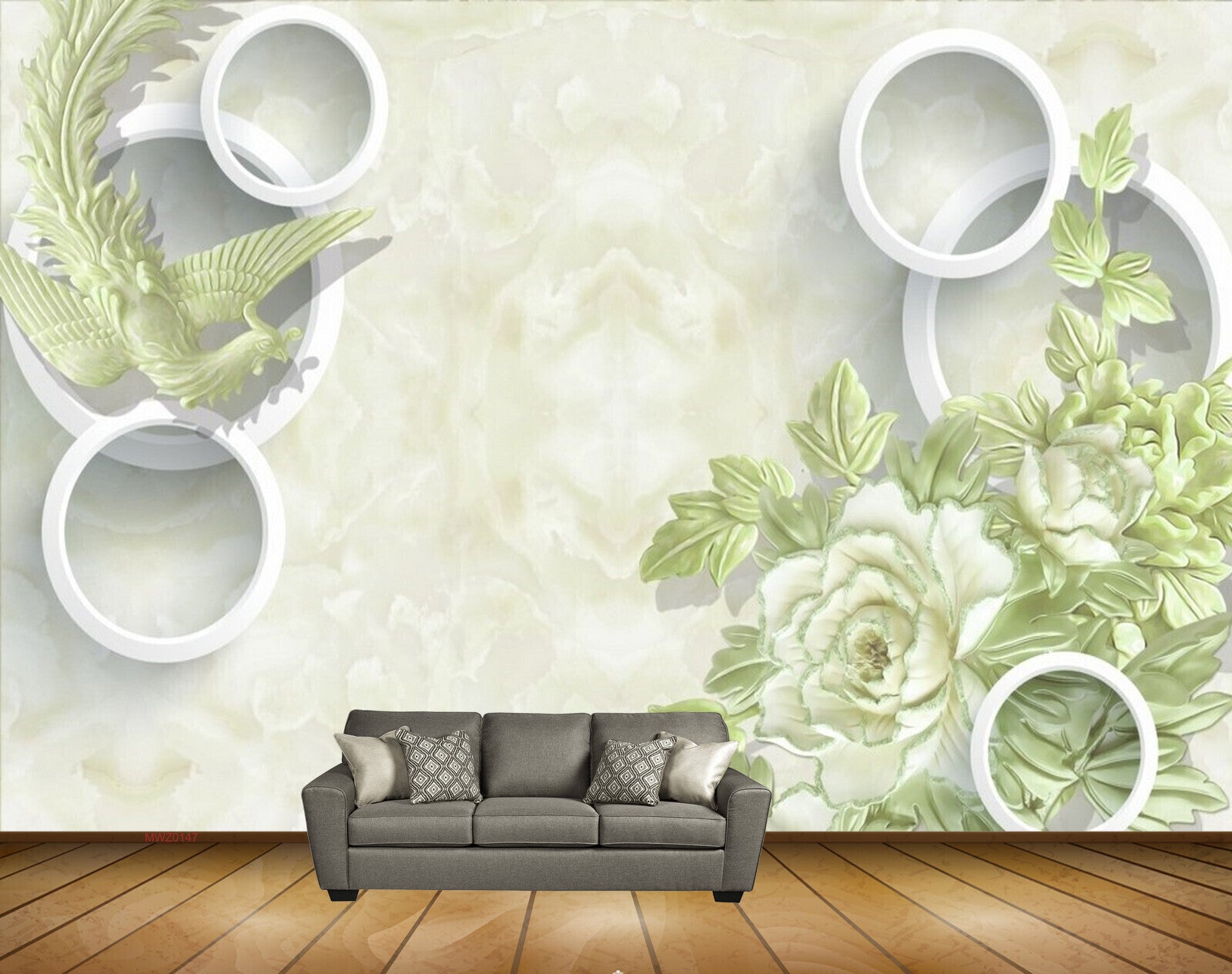 Avikalp MWZ0147 White Green Flowers Birds 3D HD Wallpaper