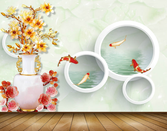Avikalp MWZ0148 Pink Yellow Flowers Fishes 3D HD Wallpaper