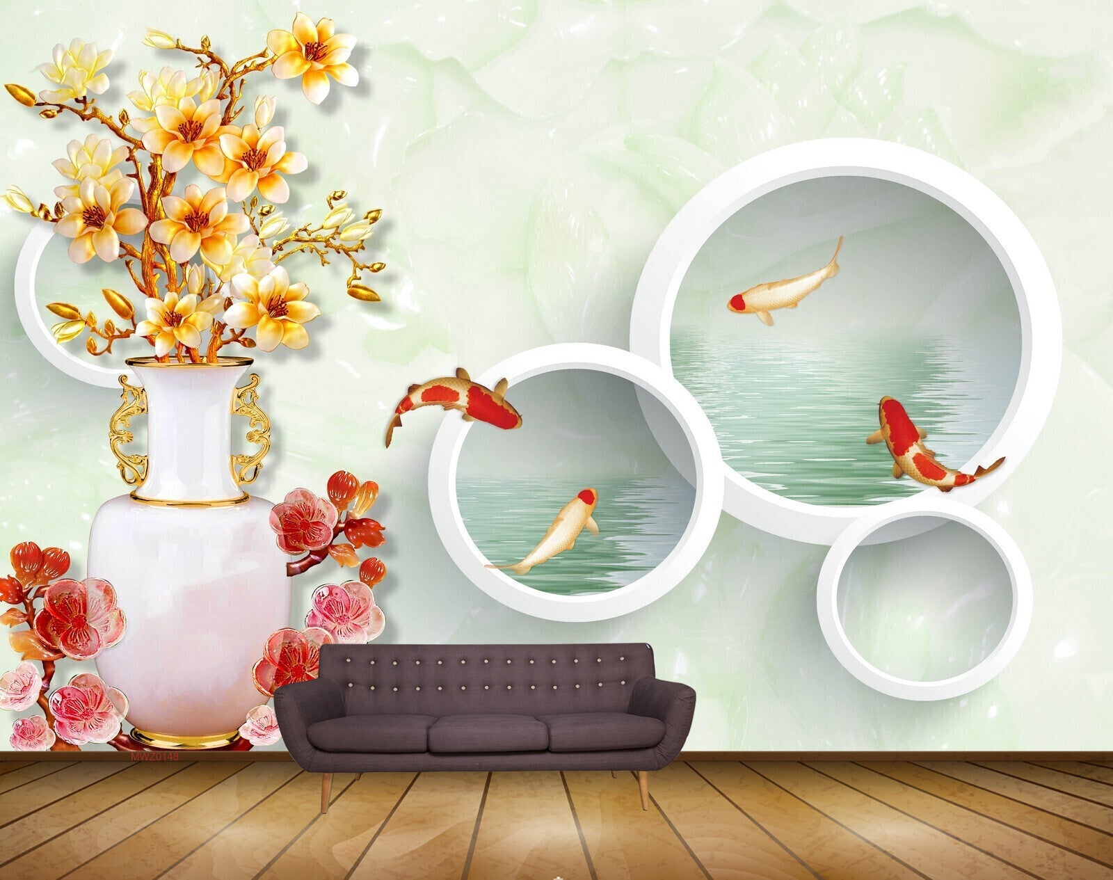 Avikalp MWZ0148 Pink Yellow Flowers Fishes 3D HD Wallpaper