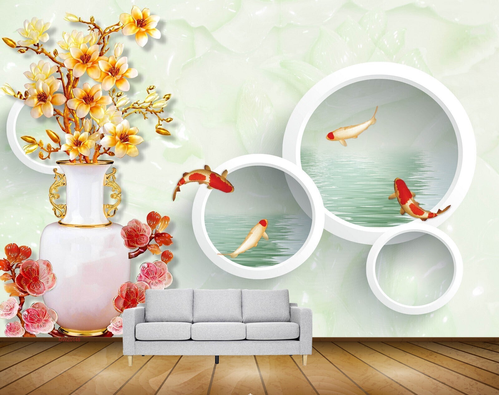 Avikalp MWZ0148 Pink Yellow Flowers Fishes 3D HD Wallpaper