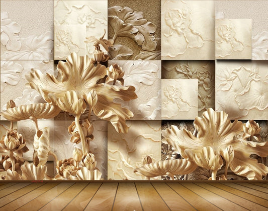 Avikalp MWZ0149 White Golden Flowers 3D HD Wallpaper