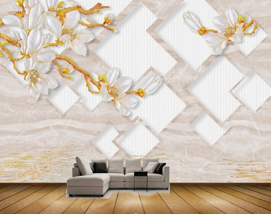Avikalp MWZ0151 White Flowers Golden Branches HD Wallpaper