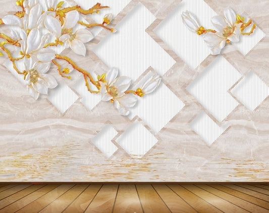 Avikalp MWZ0151 White Flowers Golden Branches 3D HD Wallpaper