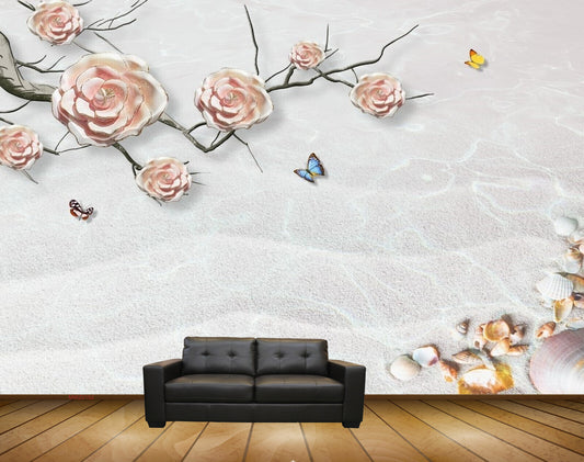 Avikalp MWZ0152 White Pink Flowers Butterflies Branches HD Wallpaper