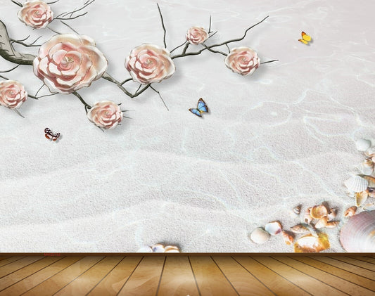 Avikalp MWZ0152 White Pink Flowers Butterflies Branches 3D HD Wallpaper