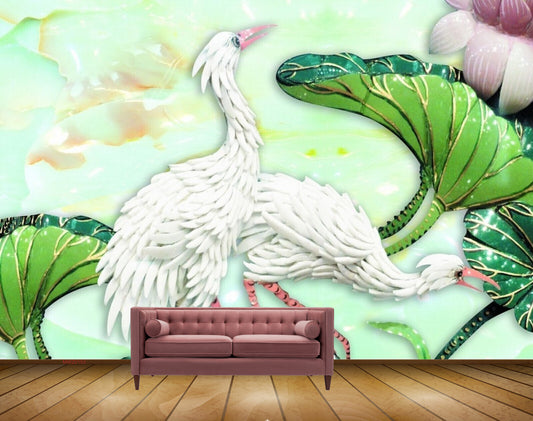 Avikalp MWZ0153 White Swans Flowers Leaves HD Wallpaper
