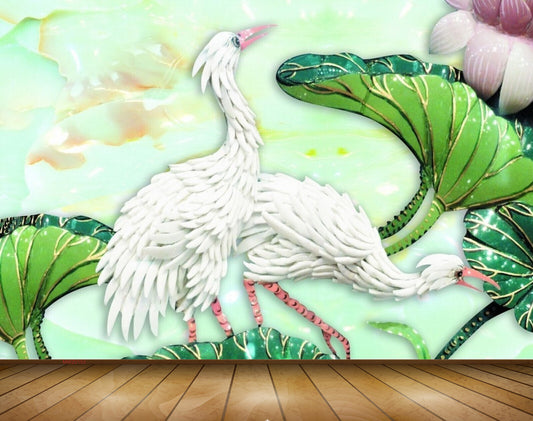 Avikalp MWZ0153 White Swans Flowers Leaves 3D HD Wallpaper
