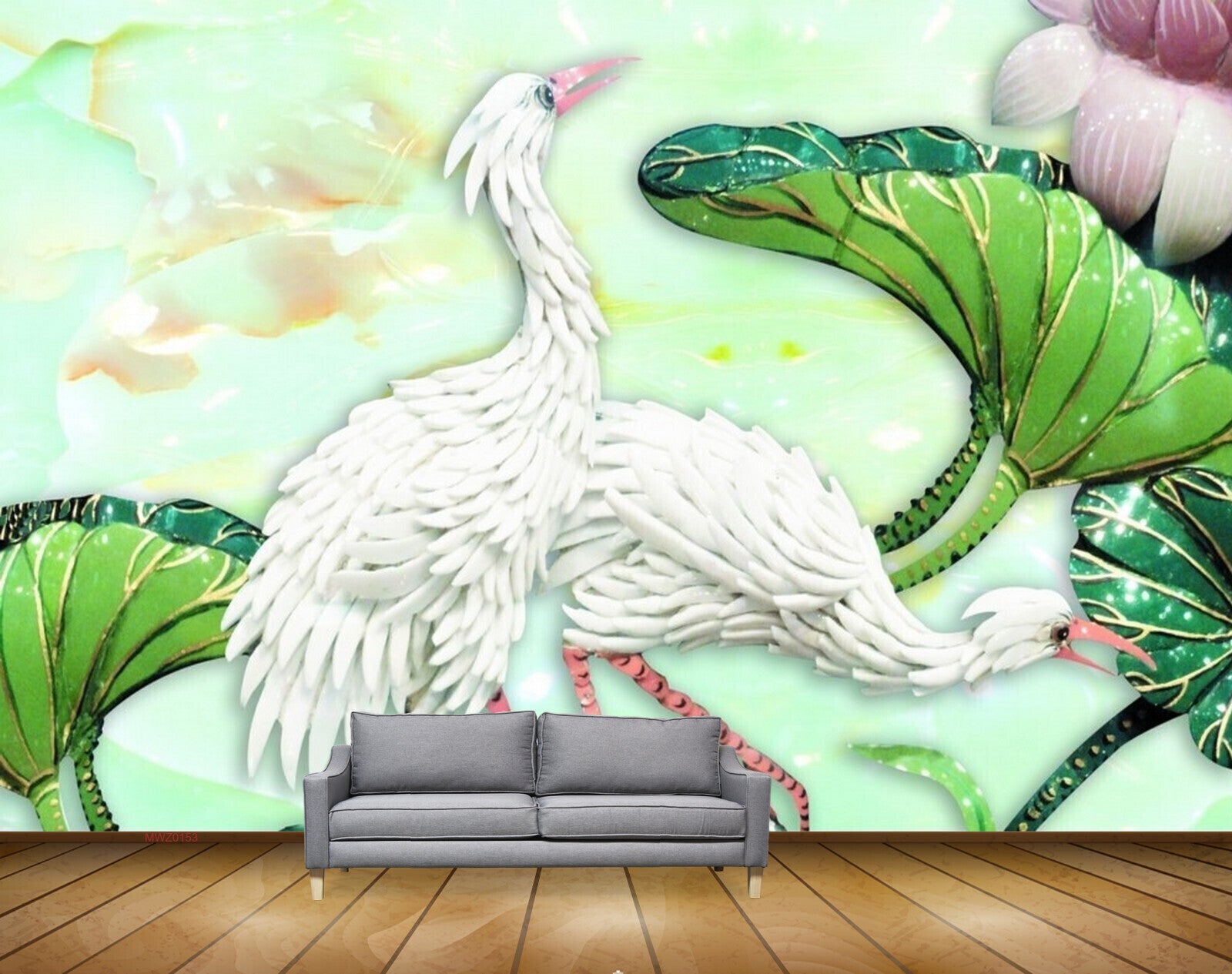 Avikalp MWZ0153 White Swans Flowers Leaves 3D HD Wallpaper
