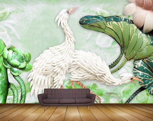 Avikalp MWZ0154 White Swans Flowers Leaves HD Wallpaper