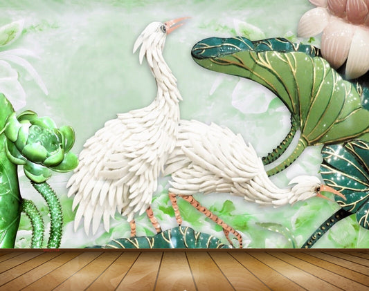 Avikalp MWZ0154 White Swans Flowers Leaves 3D HD Wallpaper
