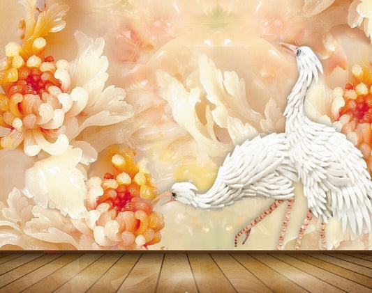 Avikalp MWZ0157 White Swans Orange Flowers 3D HD Wallpaper