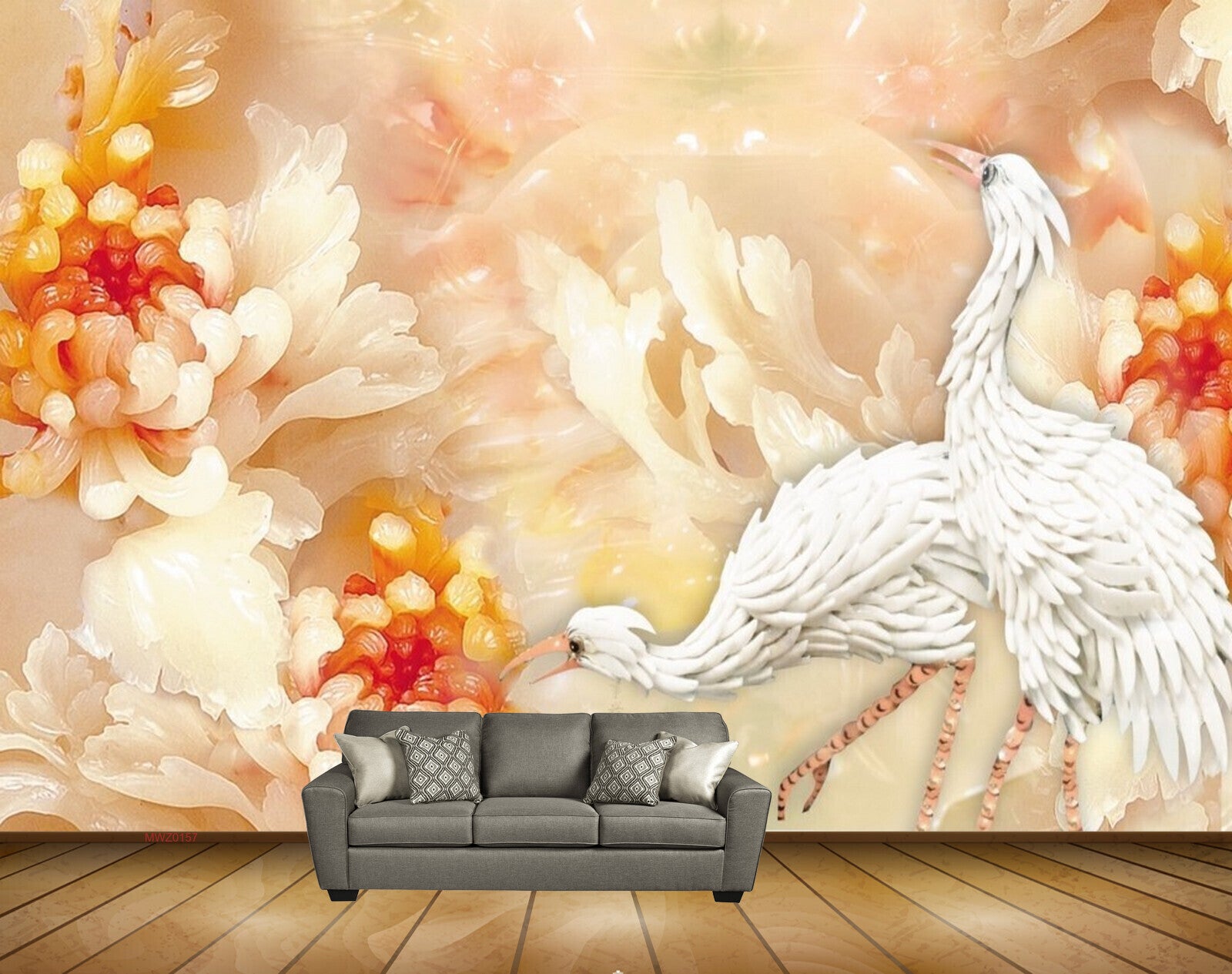 Avikalp MWZ0157 White Swans Orange Flowers 3D HD Wallpaper