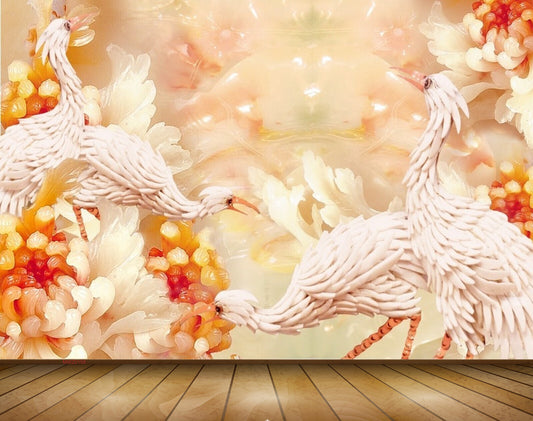 Avikalp MWZ0158 White Swans Orange Flowers 3D HD Wallpaper
