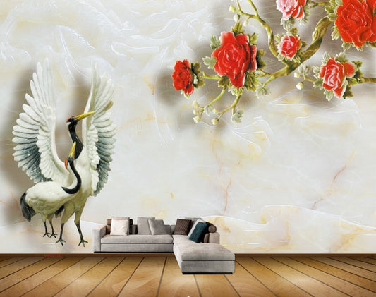 Avikalp MWZ0159 White Black Swans Red Flowers HD Wallpaper
