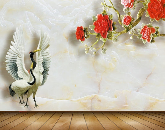 Avikalp MWZ0159 White Black Swans Red Flowers 3D HD Wallpaper