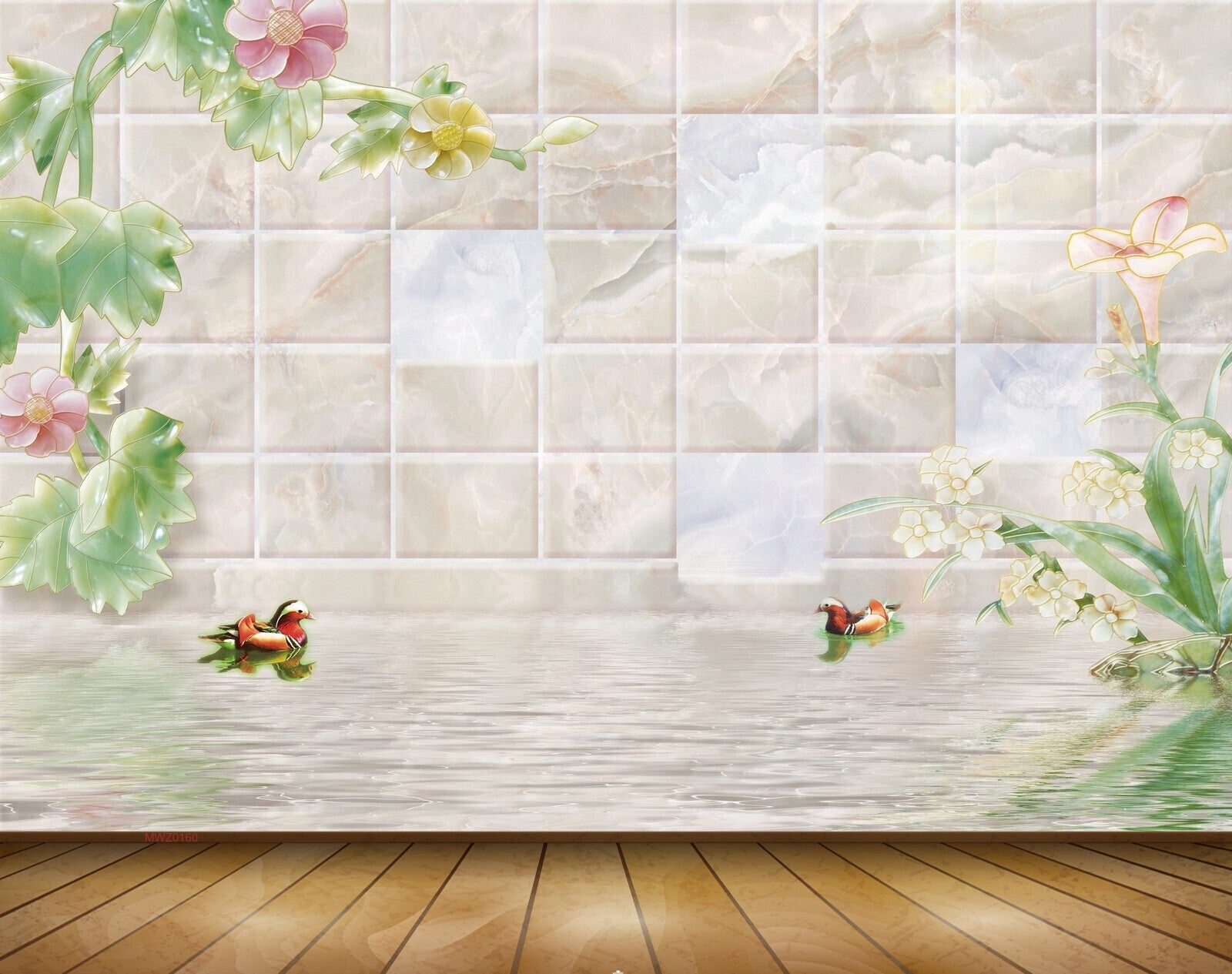 Avikalp MWZ0160 Pink Yellow Flowers Ducks Plants 3D HD Wallpaper