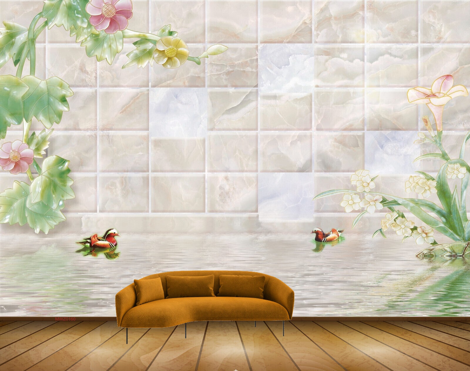 Avikalp MWZ0160 Pink Yellow Flowers Ducks Plants 3D HD Wallpaper