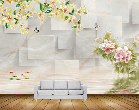 Avikalp MWZ0161 Pink White Flowers Butterflies Fishes HD Wallpaper