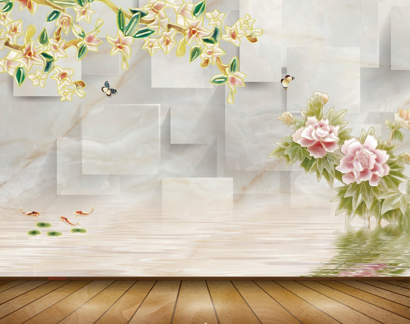 Avikalp MWZ0161 Pink White Flowers Butterflies Fishes 3D HD Wallpaper