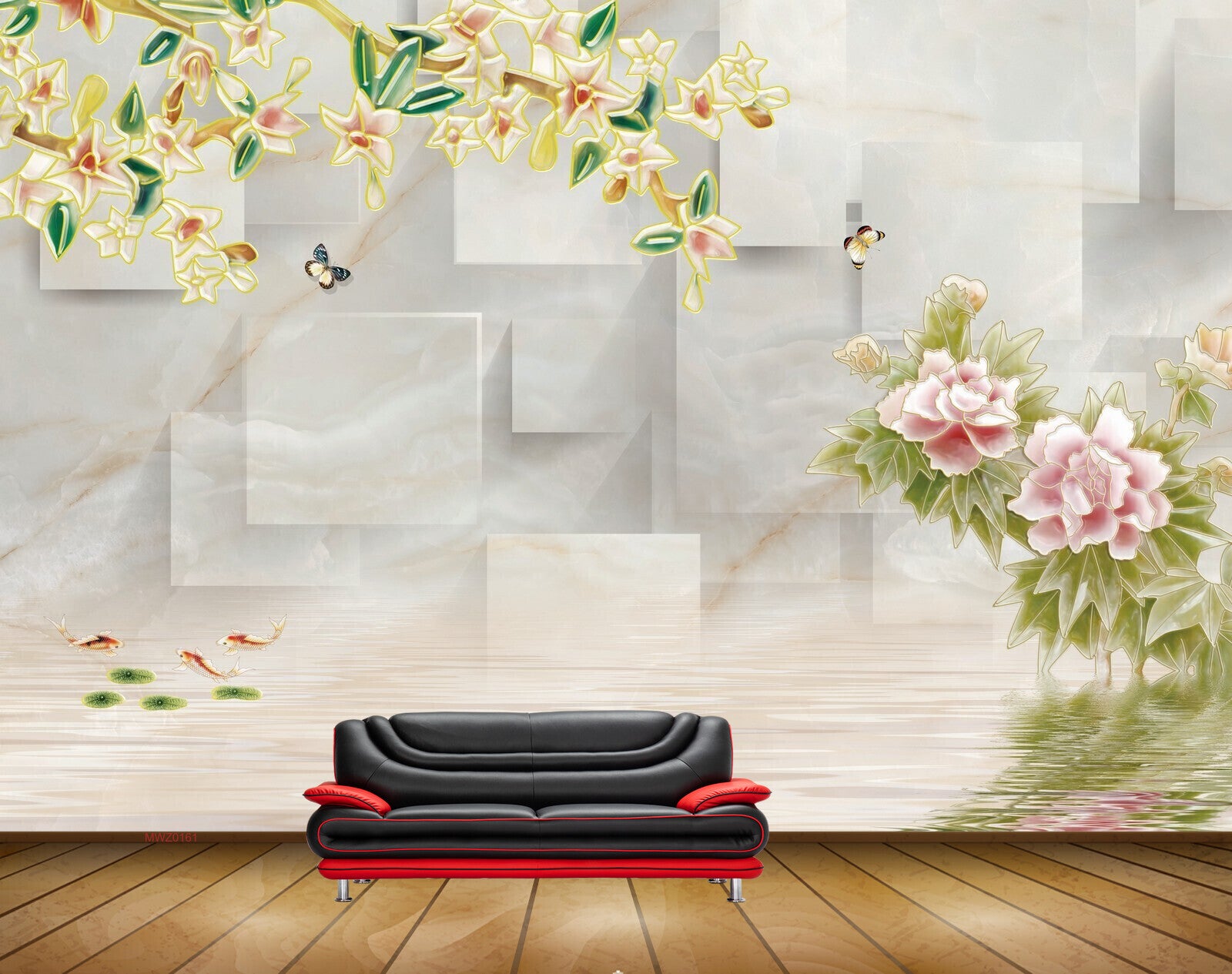 Avikalp MWZ0161 Pink White Flowers Butterflies Fishes 3D HD Wallpaper