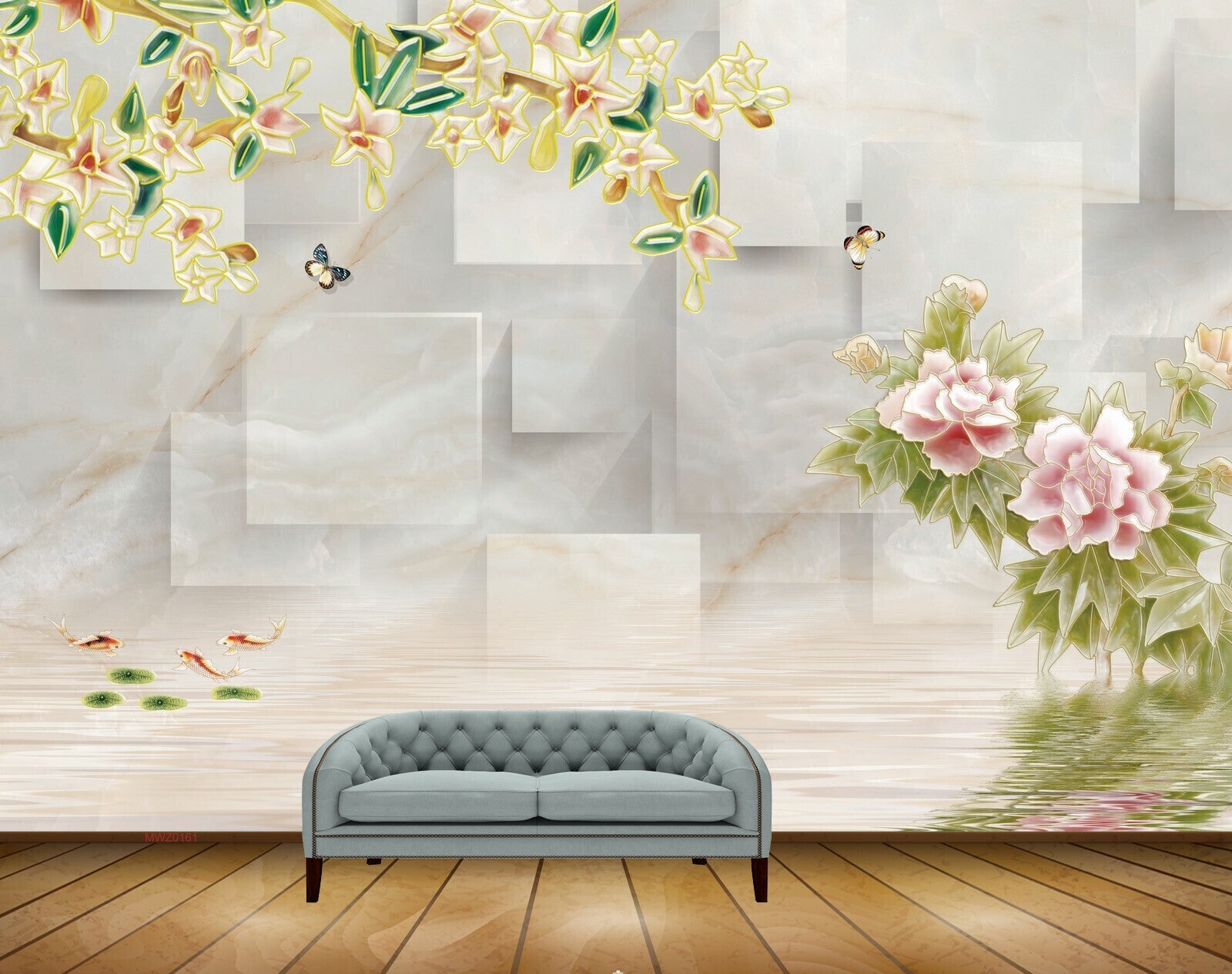 Avikalp MWZ0161 Pink White Flowers Butterflies Fishes 3D HD Wallpaper