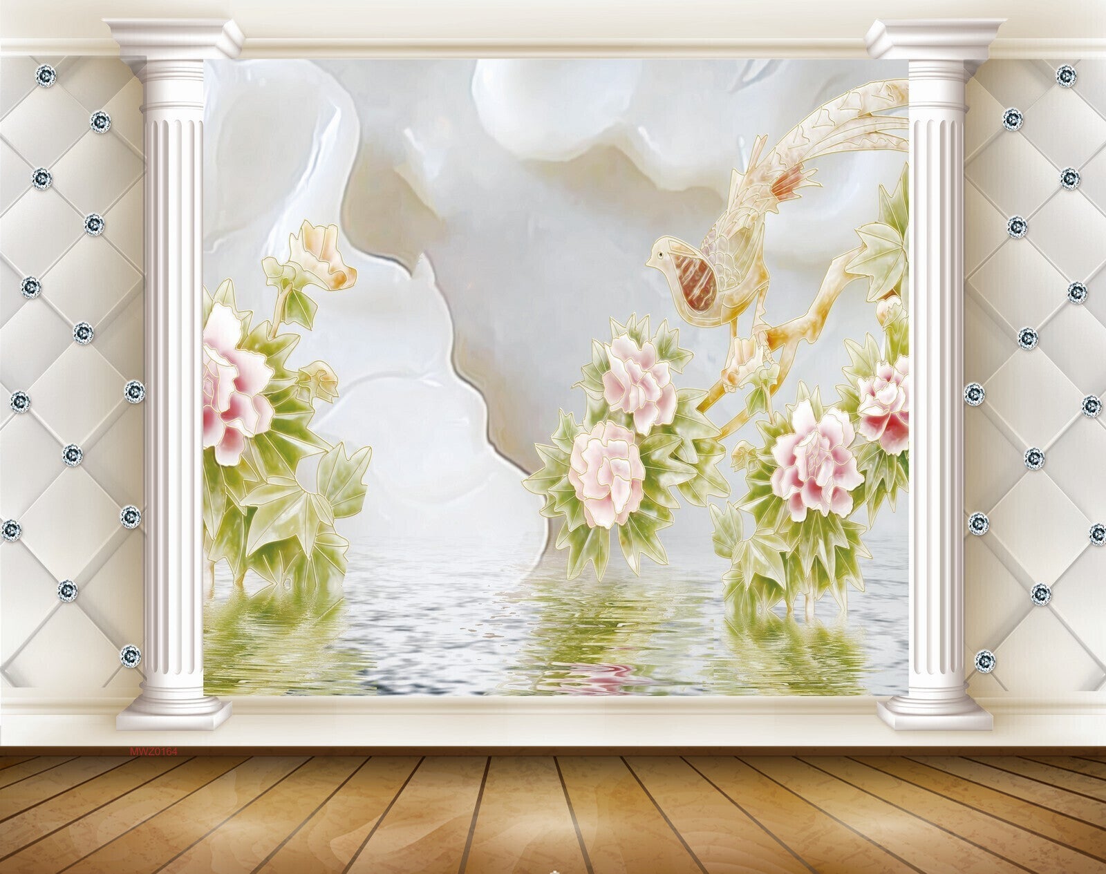 Avikalp MWZ0164 Pink Flowwers Plants Bird River 3D HD Wallpaper