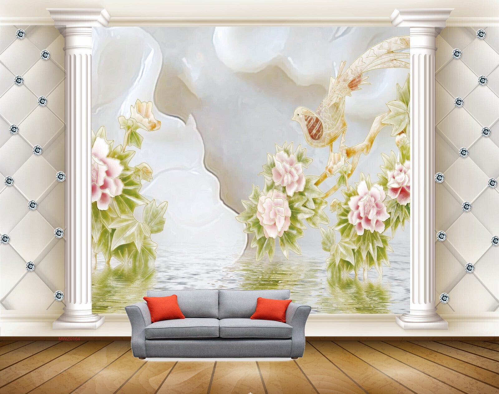 Avikalp MWZ0164 Pink Flowwers Plants Bird River 3D HD Wallpaper