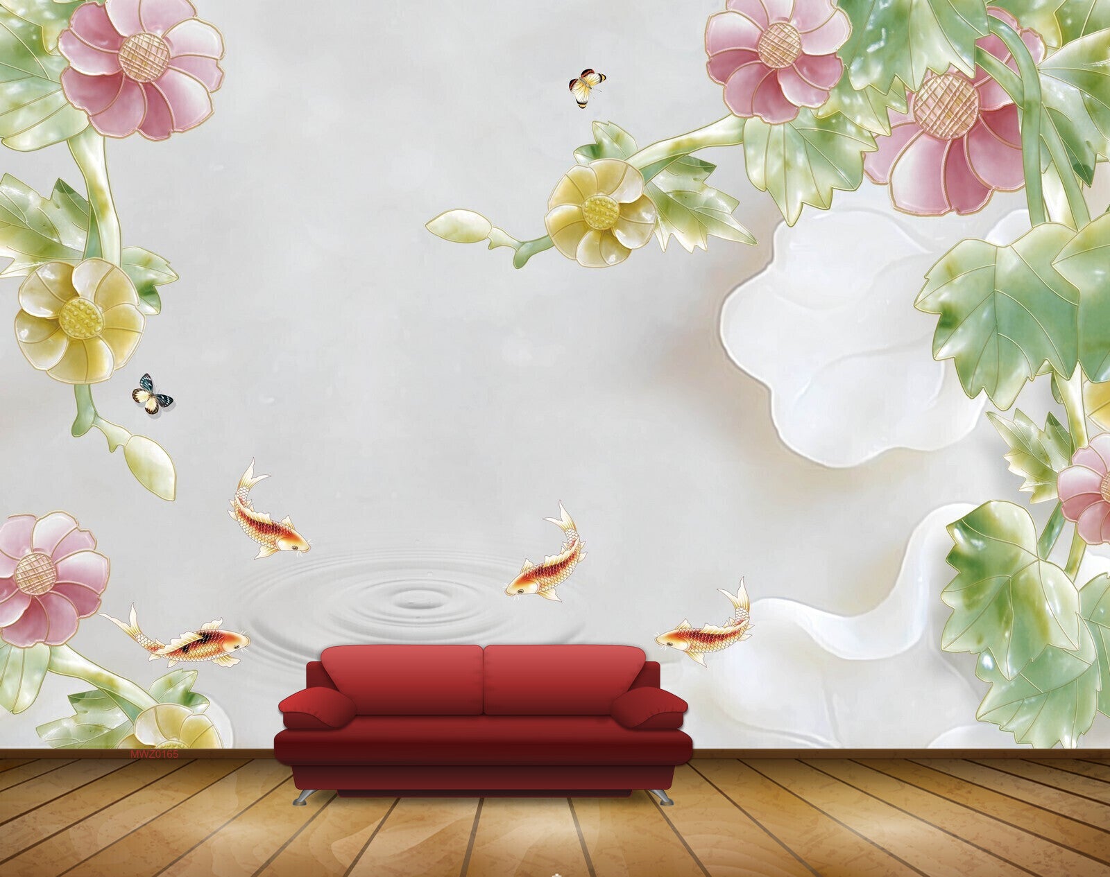 Avikalp MWZ0165 Pink Yellow Flowers Fishes Leaves 3D HD Wallpaper