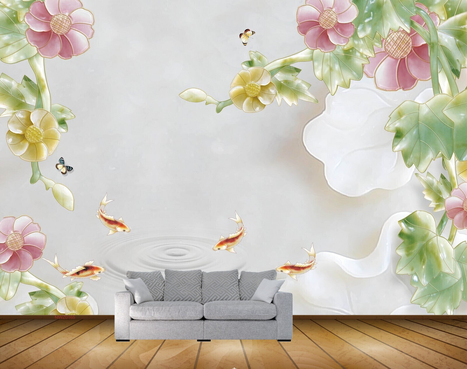 Avikalp MWZ0165 Pink Yellow Flowers Fishes Leaves 3D HD Wallpaper