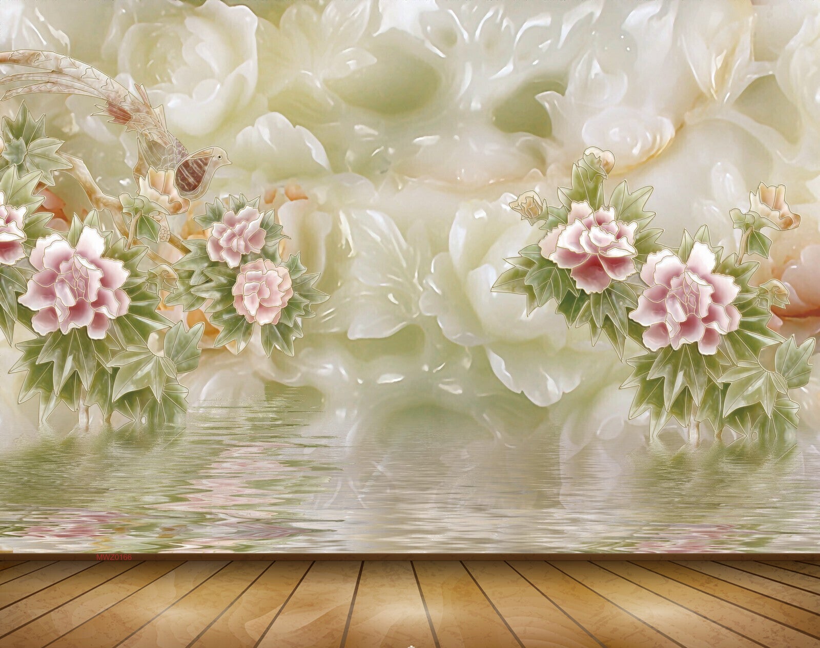 Avikalp MWZ0166 Pink White Flowers Bird Plants 3D HD Wallpaper