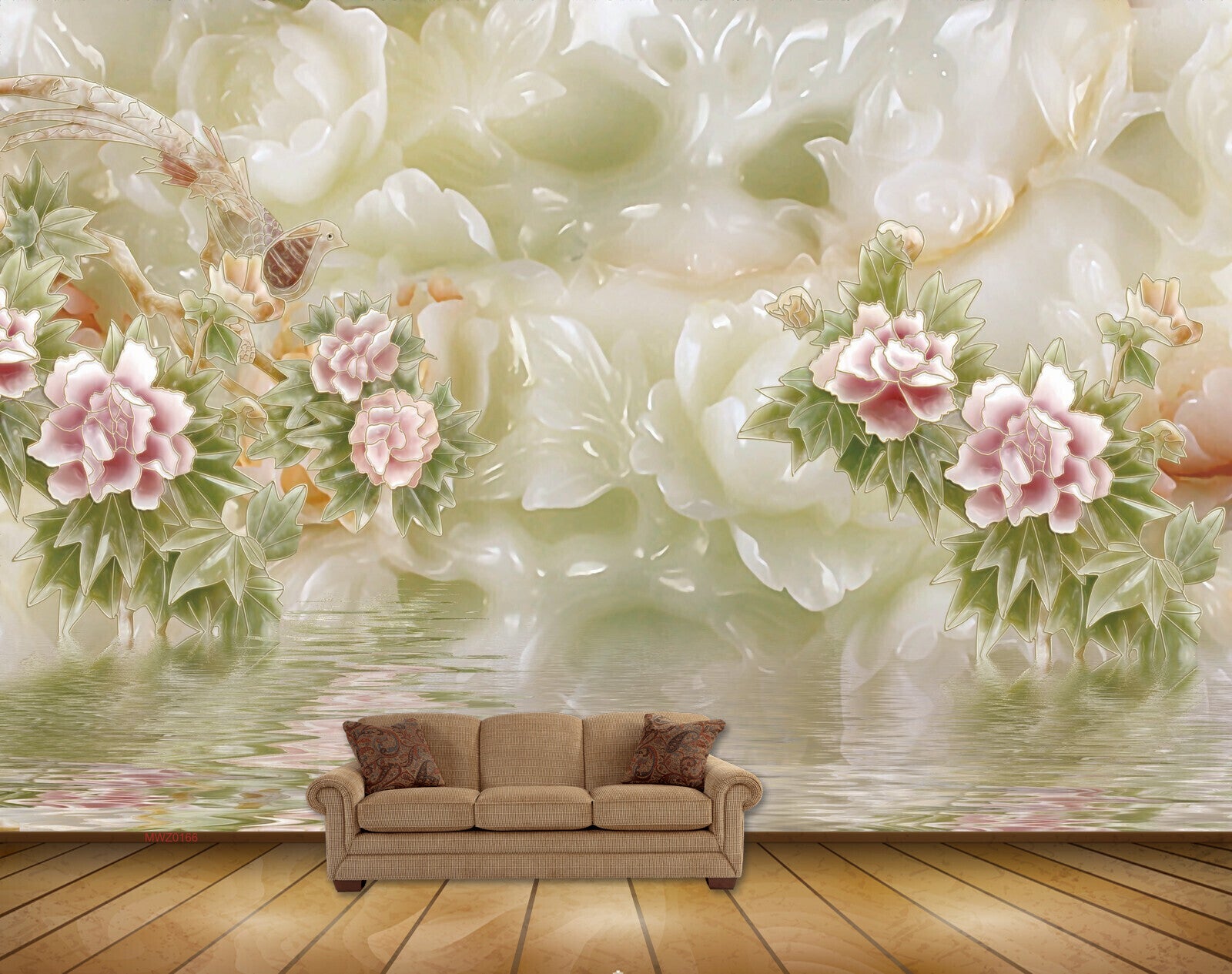 Avikalp MWZ0166 Pink White Flowers Bird Plants 3D HD Wallpaper