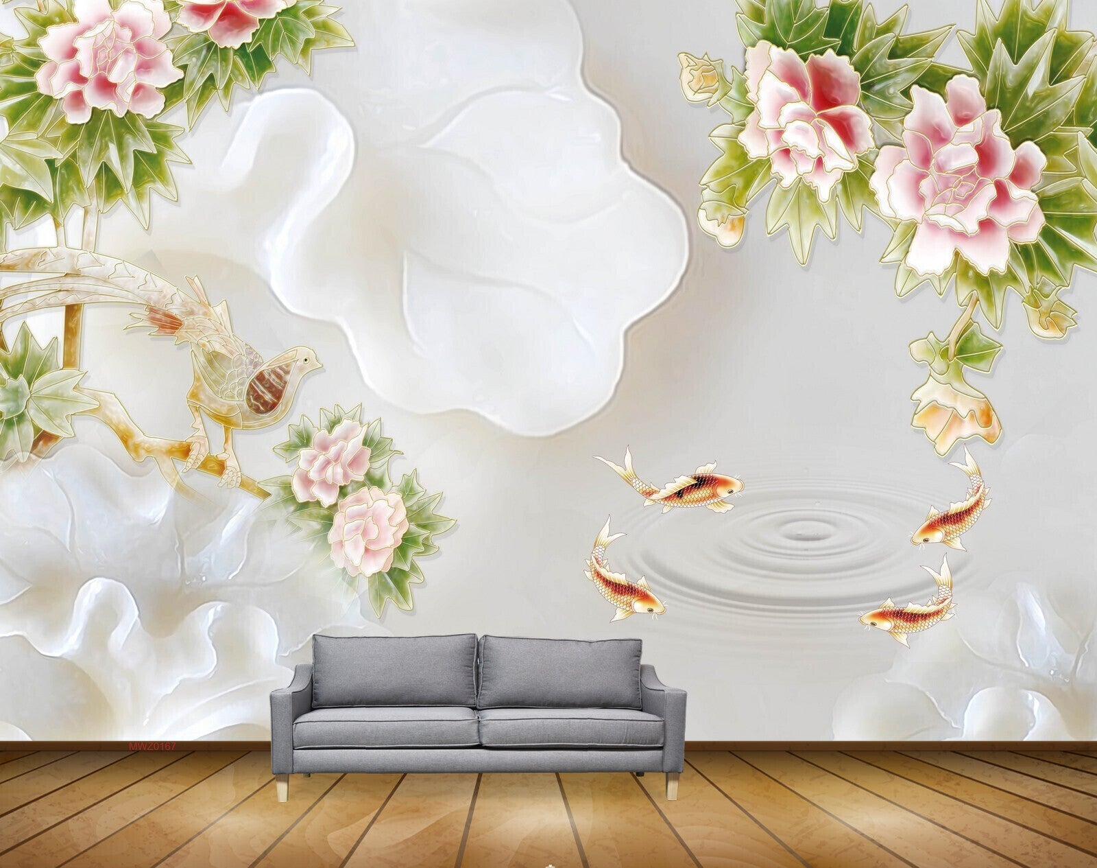 Avikalp MWZ0167 Pink White FLowers Fishes Bird 3D HD Wallpaper