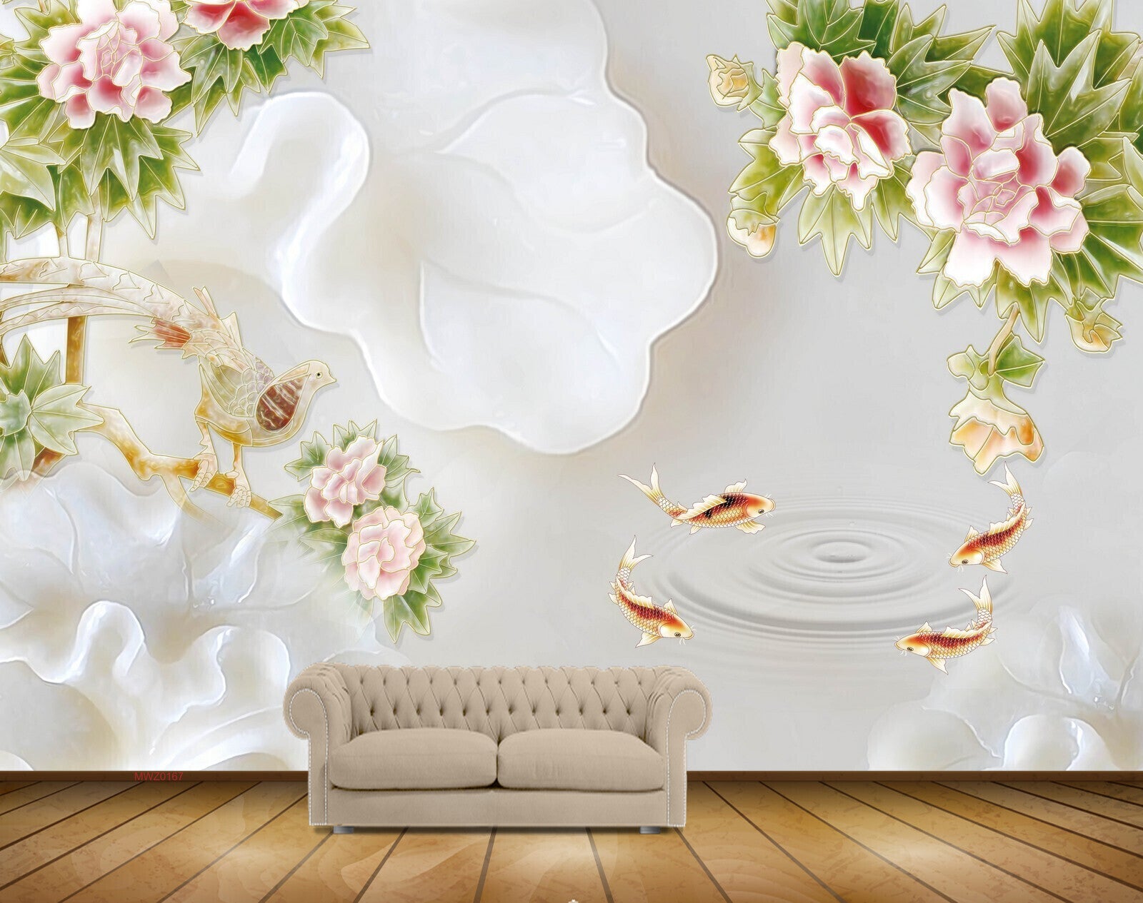 Avikalp MWZ0167 Pink White FLowers Fishes Bird 3D HD Wallpaper
