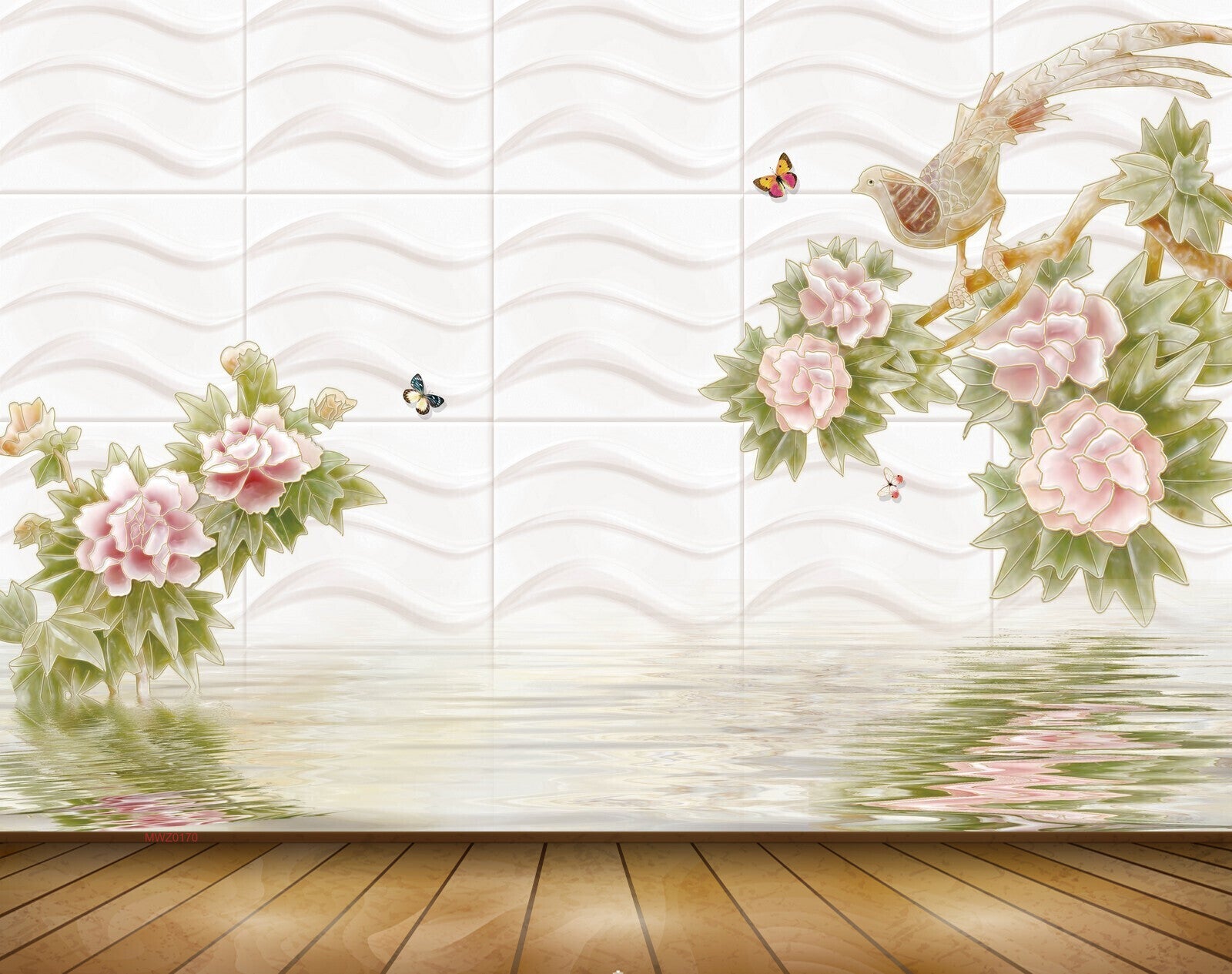 Avikalp MWZ0170 Pink Flowers Butterflies Bird 3D HD Wallpaper