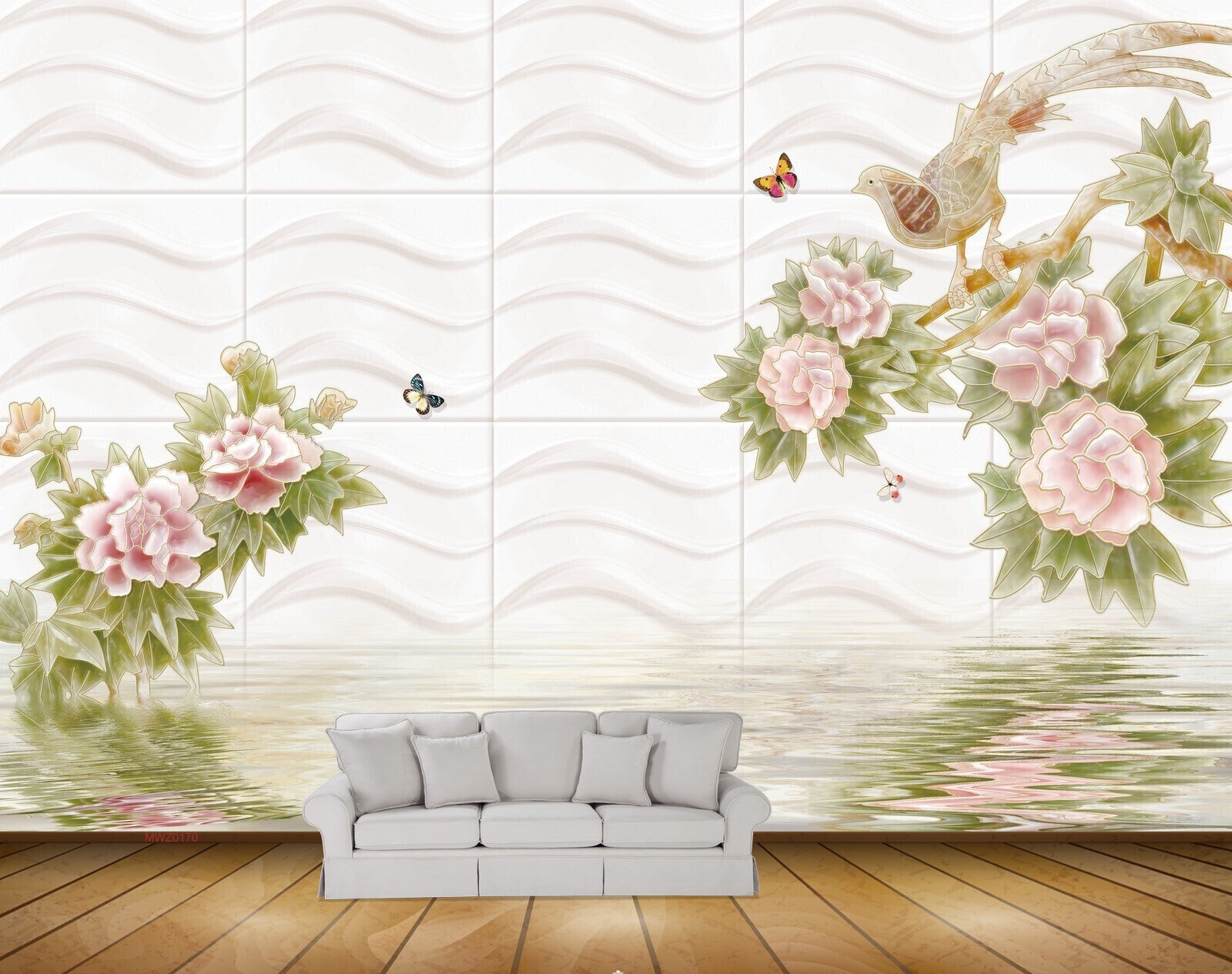 Avikalp MWZ0170 Pink Flowers Butterflies Bird 3D HD Wallpaper