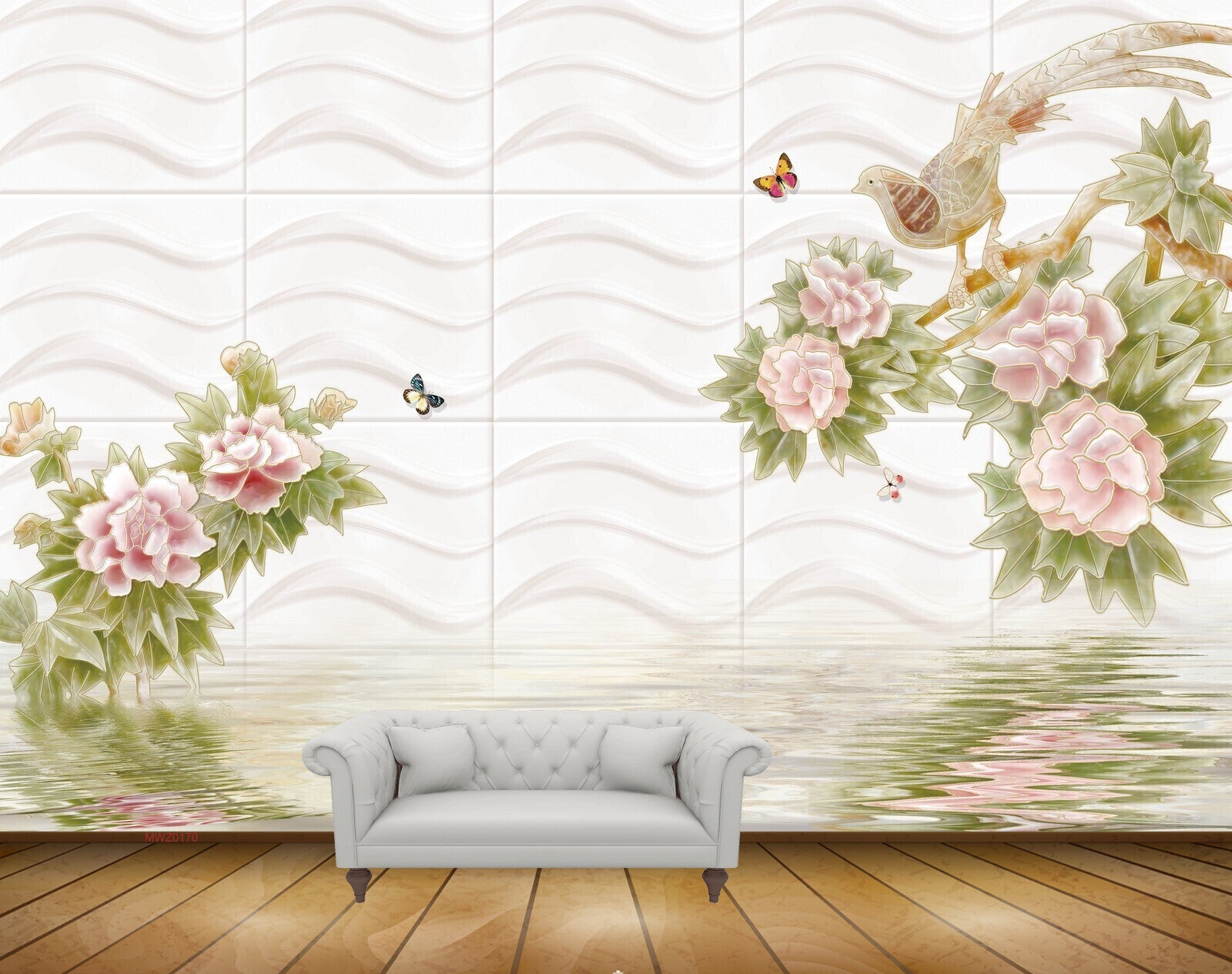 Avikalp MWZ0170 Pink Flowers Butterflies Bird 3D HD Wallpaper