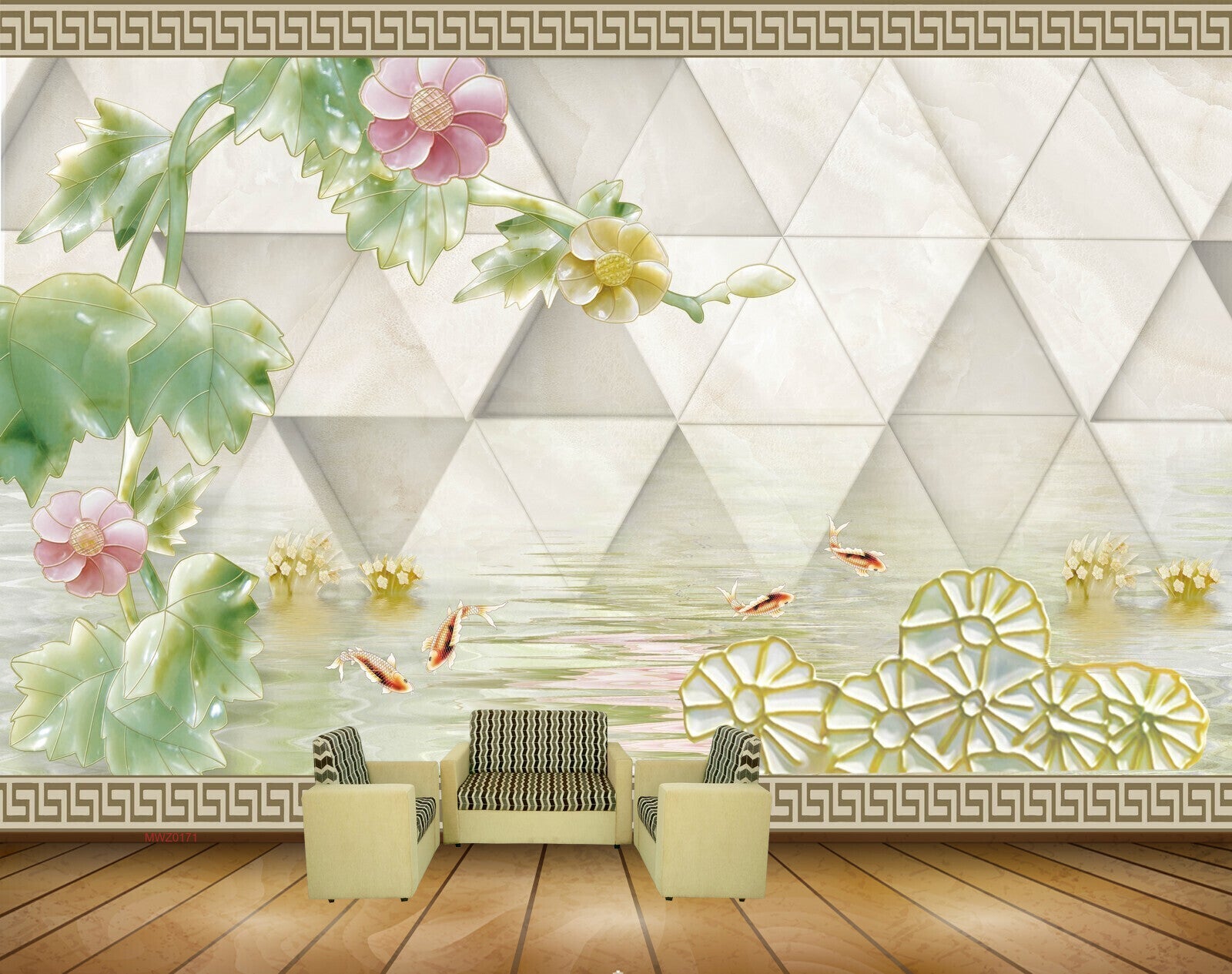 Avikalp MWZ0171 Pink Yellow Flowers Fishes 3D HD Wallpaper